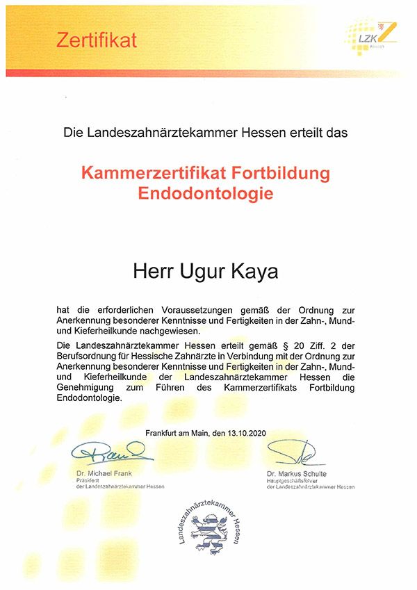 Zahnarzt Rodgau KAYA&smile - Kammerzertifikat Endodontologie